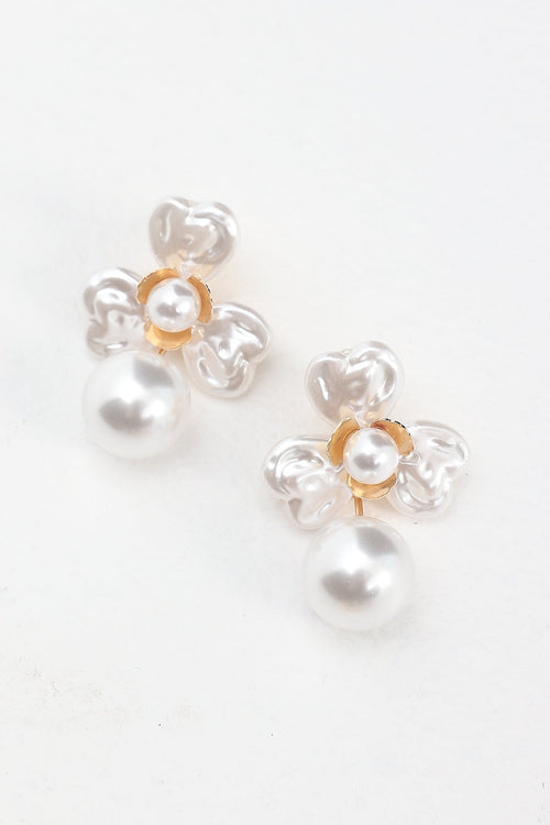 Triniti Drop Flower Earrings Gold Pearl