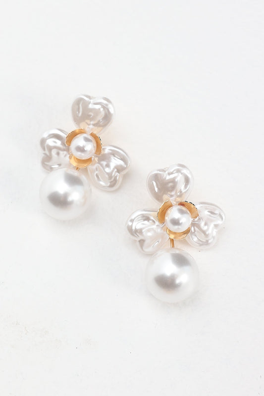Triniti Drop Flower Earrings Gold Pearl