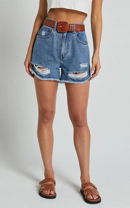 Mindae Shorts - Recycled Cotton Ripped Denim Shorts in Blue