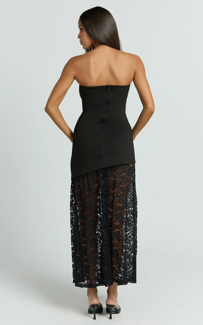Mila Midi Dress - Strapless Dropped Waist Dress in Black