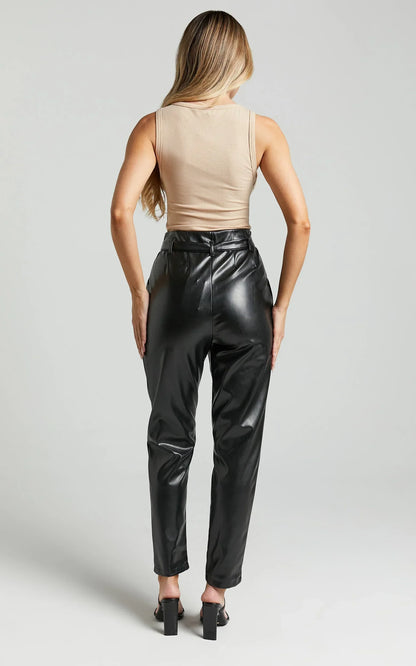 Layton Pants - Paper Bag Waist Faux Leather Pants in Black