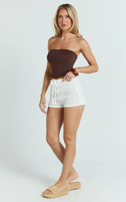 Laurel Shorts - Drawstring Crochet Mini Shorts in Off White