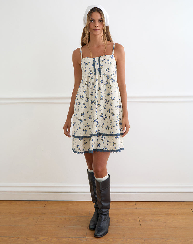 Gal Mini Dress in Ditsy Leaf Rose Navy