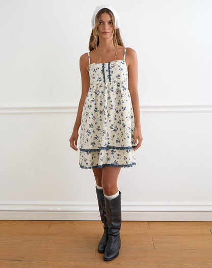 Gal Mini Dress in Ditsy Leaf Rose Navy