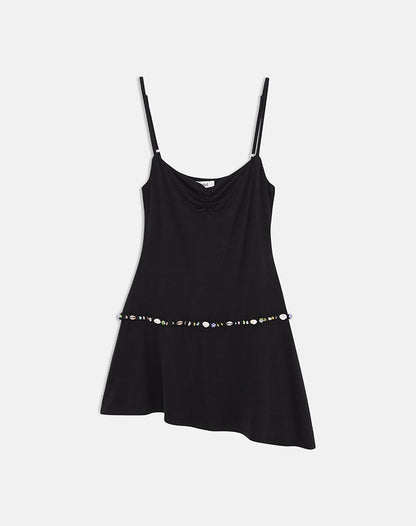 Gussie Mini Dress with Shell Trim in Cupro Black