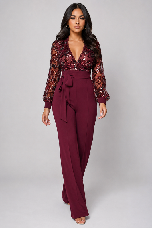 Eve Wine Red Sequin Jumpsuit