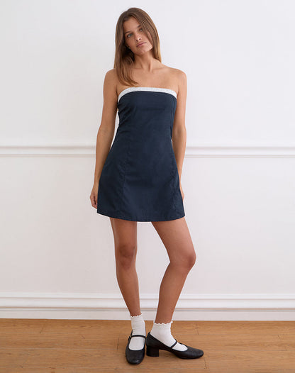 Jesamine Bandeau Dress in Dark Navy with Lace Trim