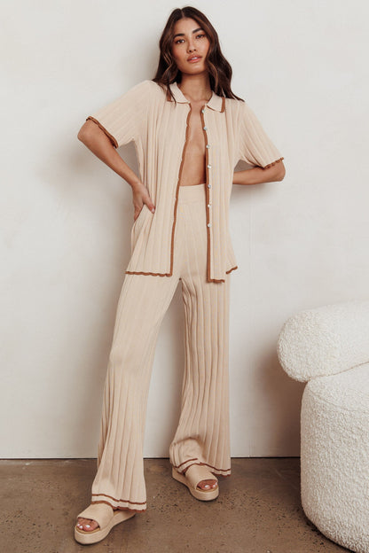 Liloh Contrast Ribbed Wide Leg Pant Beige