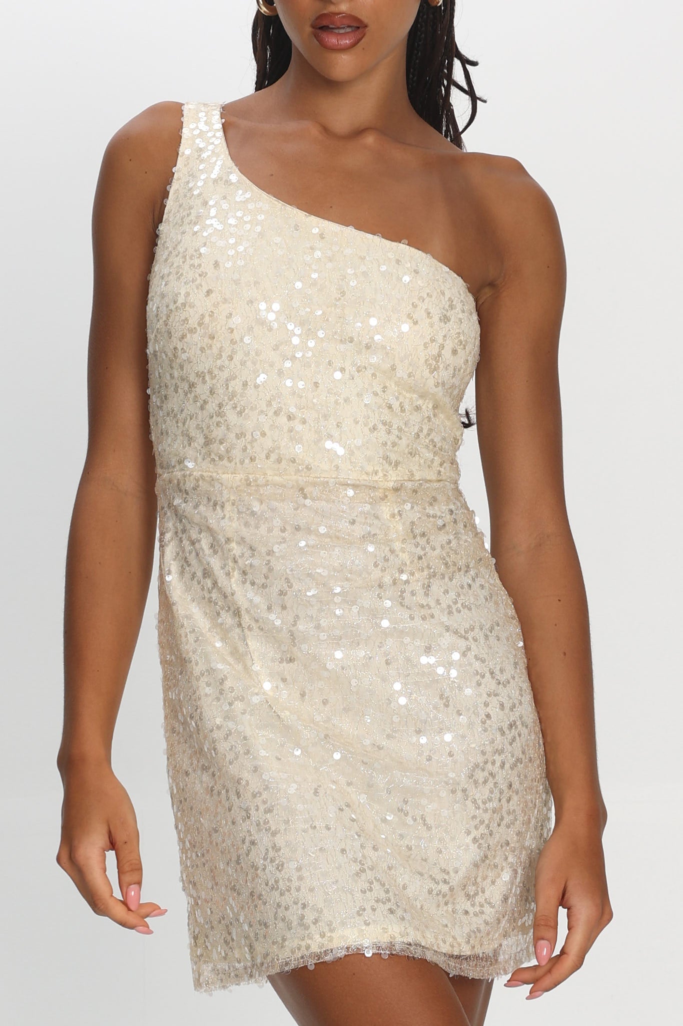 Disco Baby One-Shoulder Sequin Mini Dress Nude