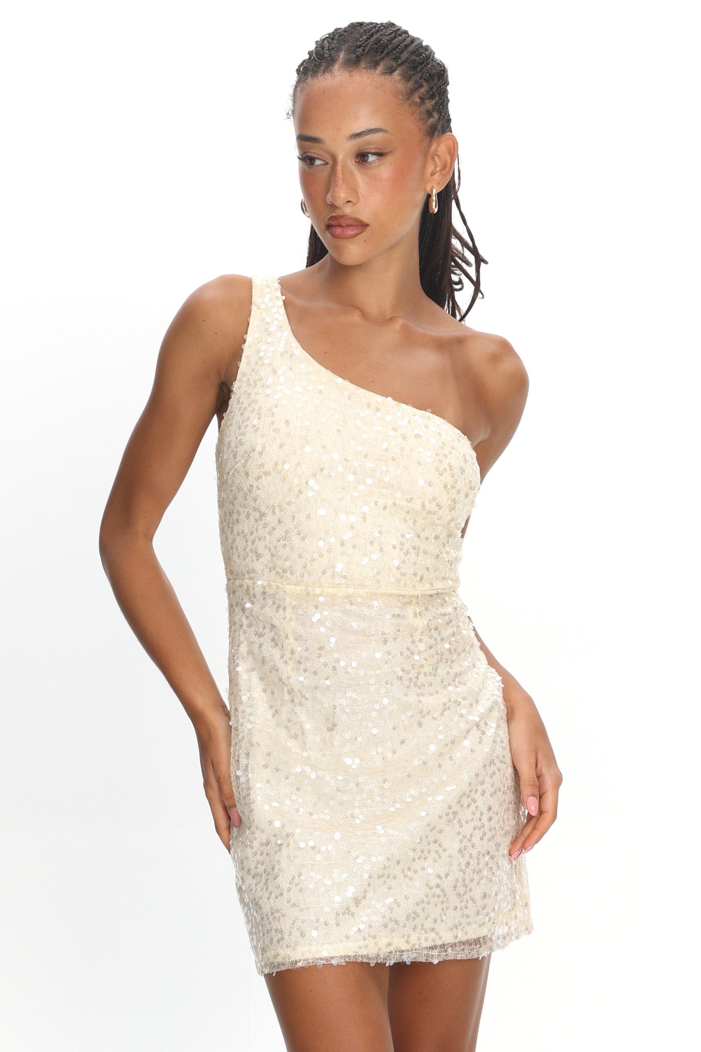Disco Baby One-Shoulder Sequin Mini Dress Nude