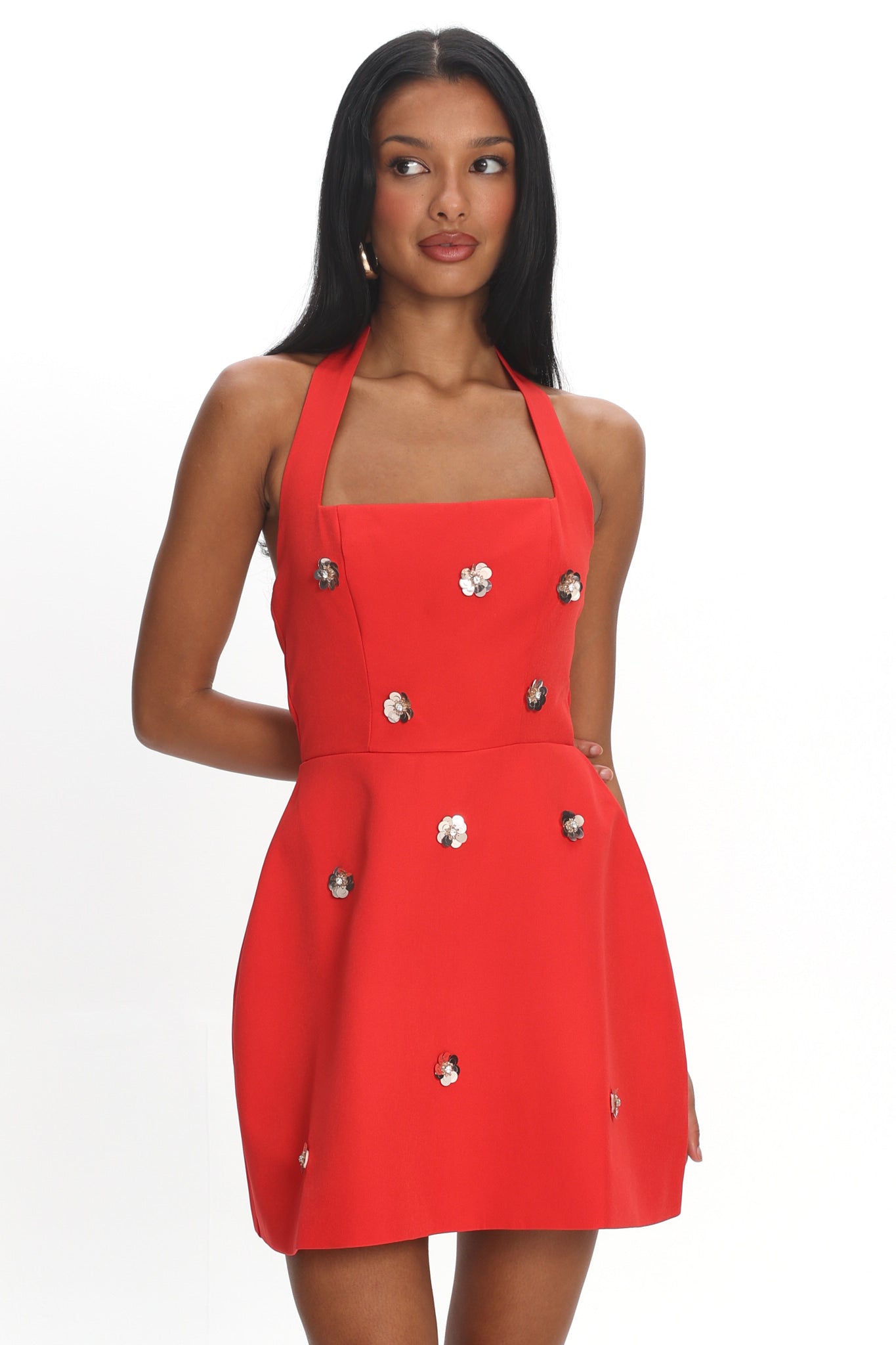 Hendrix Halterneck A-Line Mini Dress Sequin Flower Red