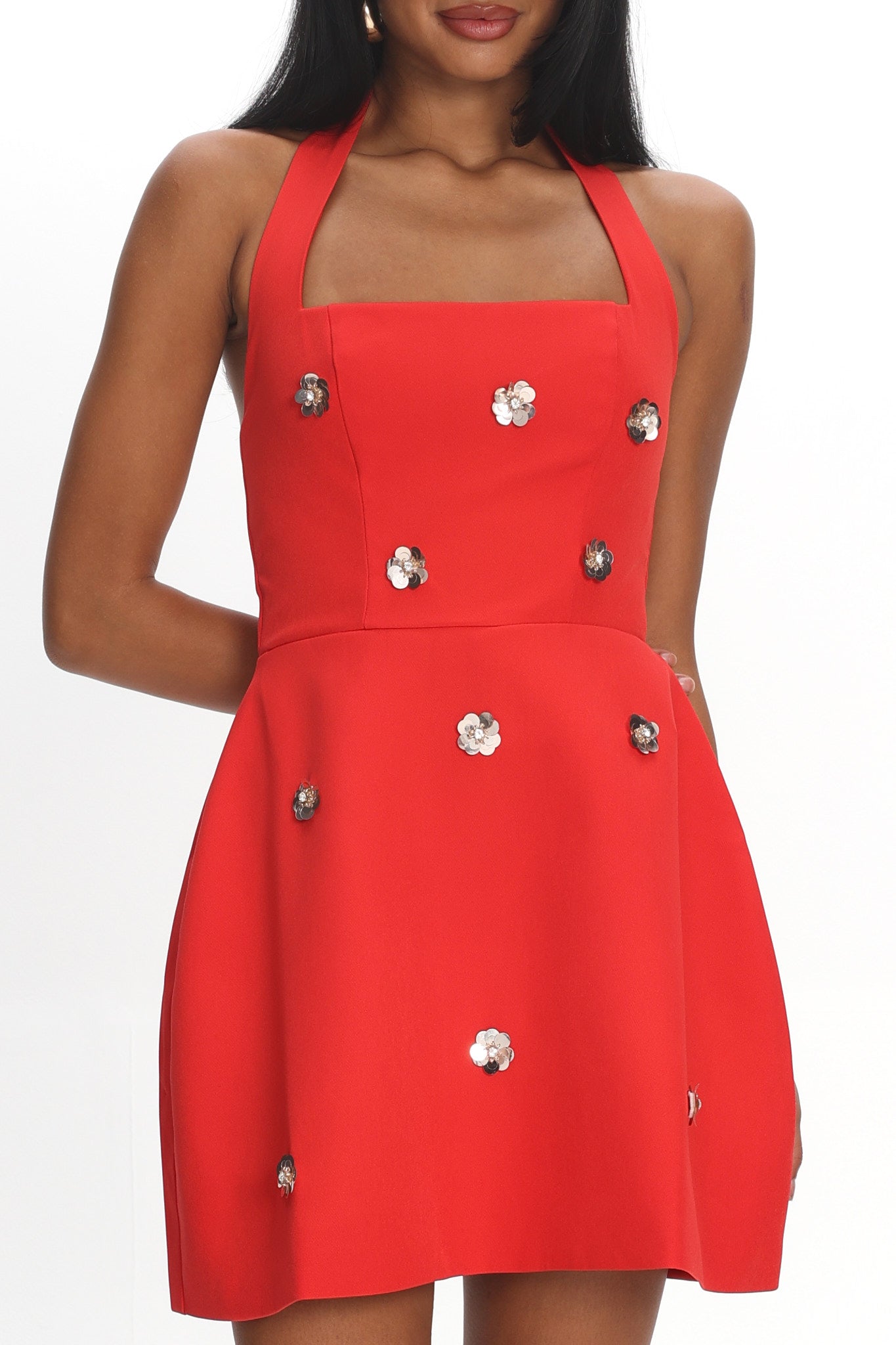 Hendrix Halterneck A-Line Mini Dress Sequin Flower Red