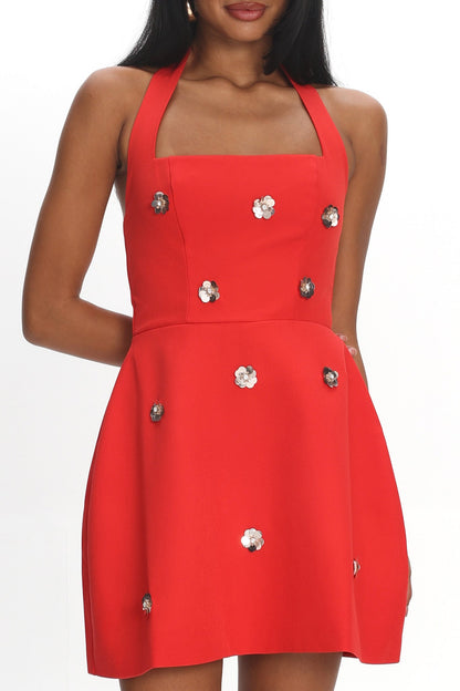 Hendrix Halterneck A-Line Mini Dress Sequin Flower Red