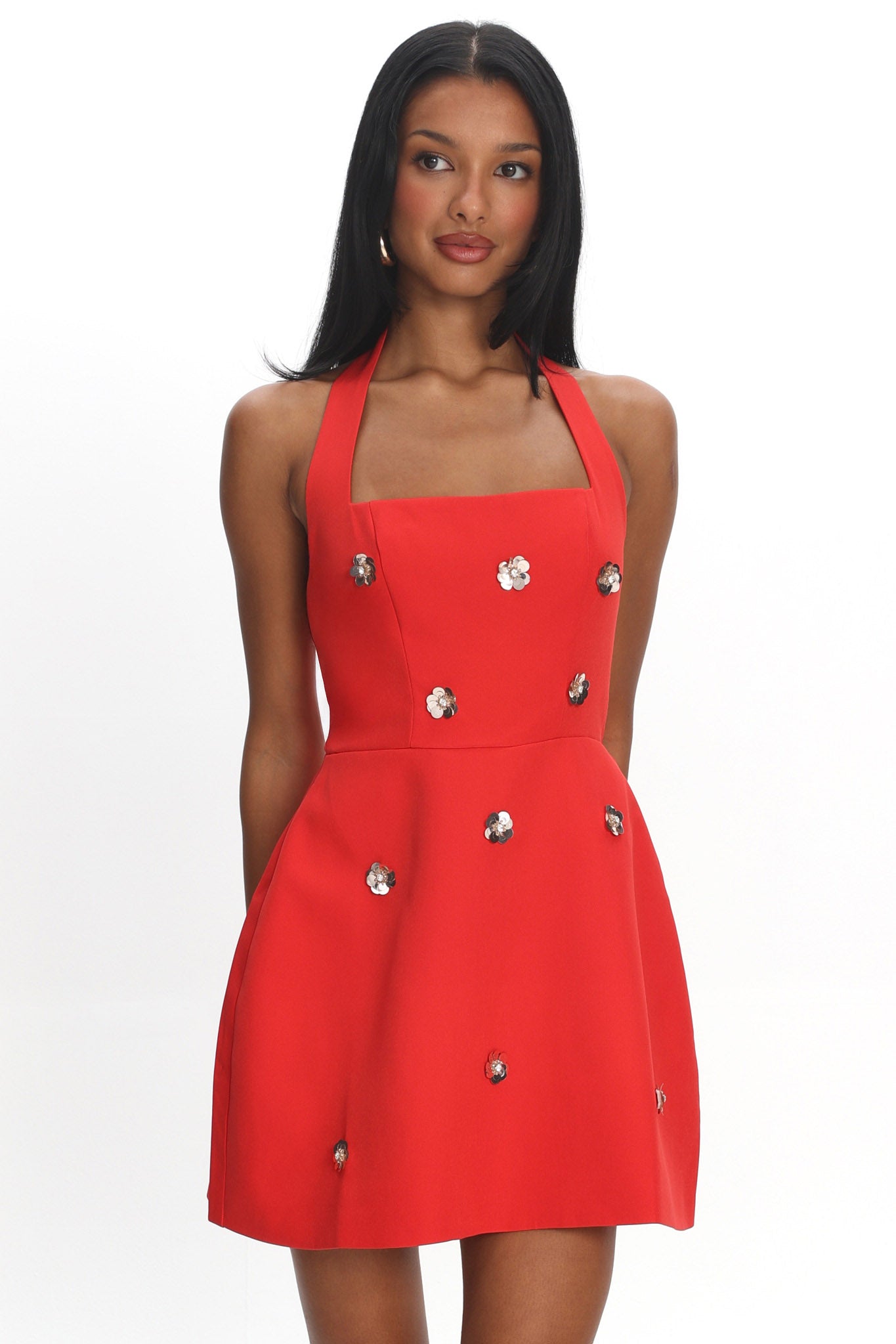 Hendrix Halterneck A-Line Mini Dress Sequin Flower Red