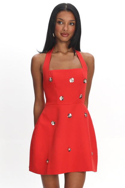 Hendrix Halterneck A-Line Mini Dress Sequin Flower Red