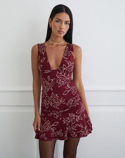 Lanai Mini Dress in Outline Rose Maroon