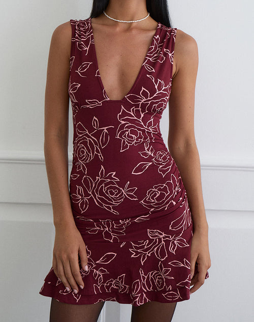 Lanai Mini Dress in Outline Rose Maroon
