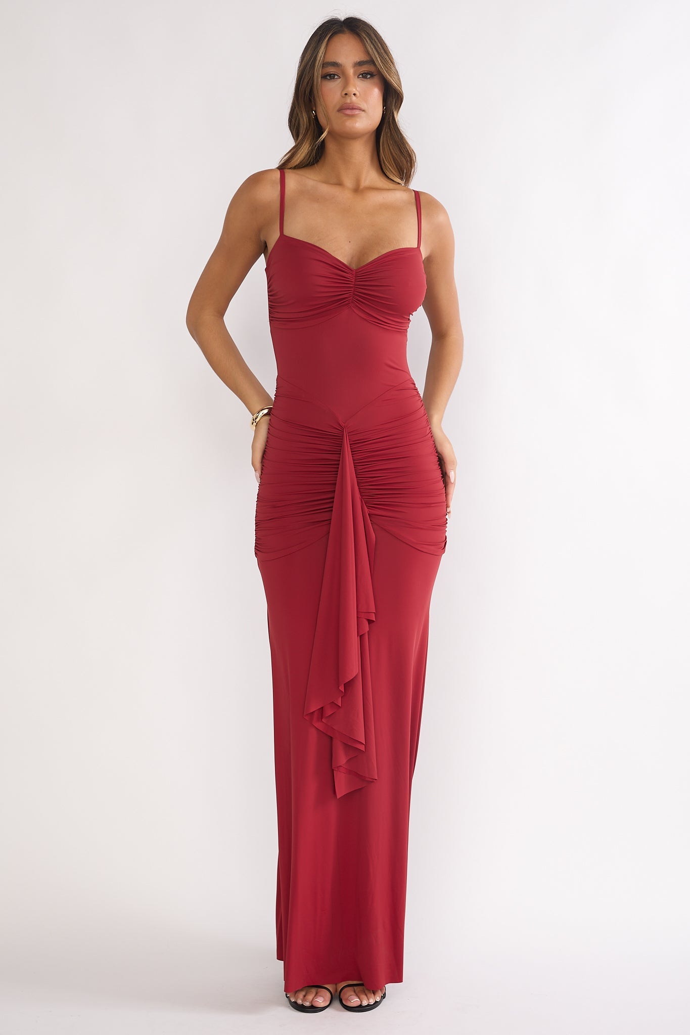 Lunara Ruched Cascade Sash Dress Wine