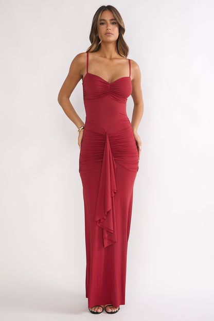 Lunara Ruched Cascade Sash Dress Wine