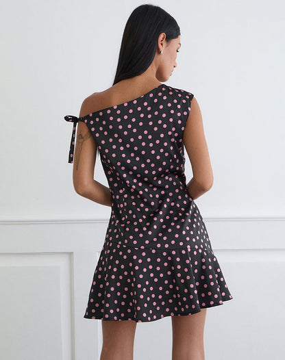 Maribel Mini Dress in Black Satin Scattered with Pink Polka