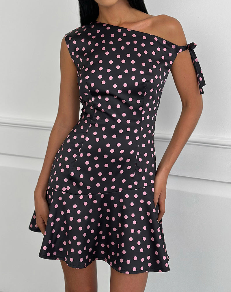 Maribel Mini Dress in Black Satin Scattered with Pink Polka