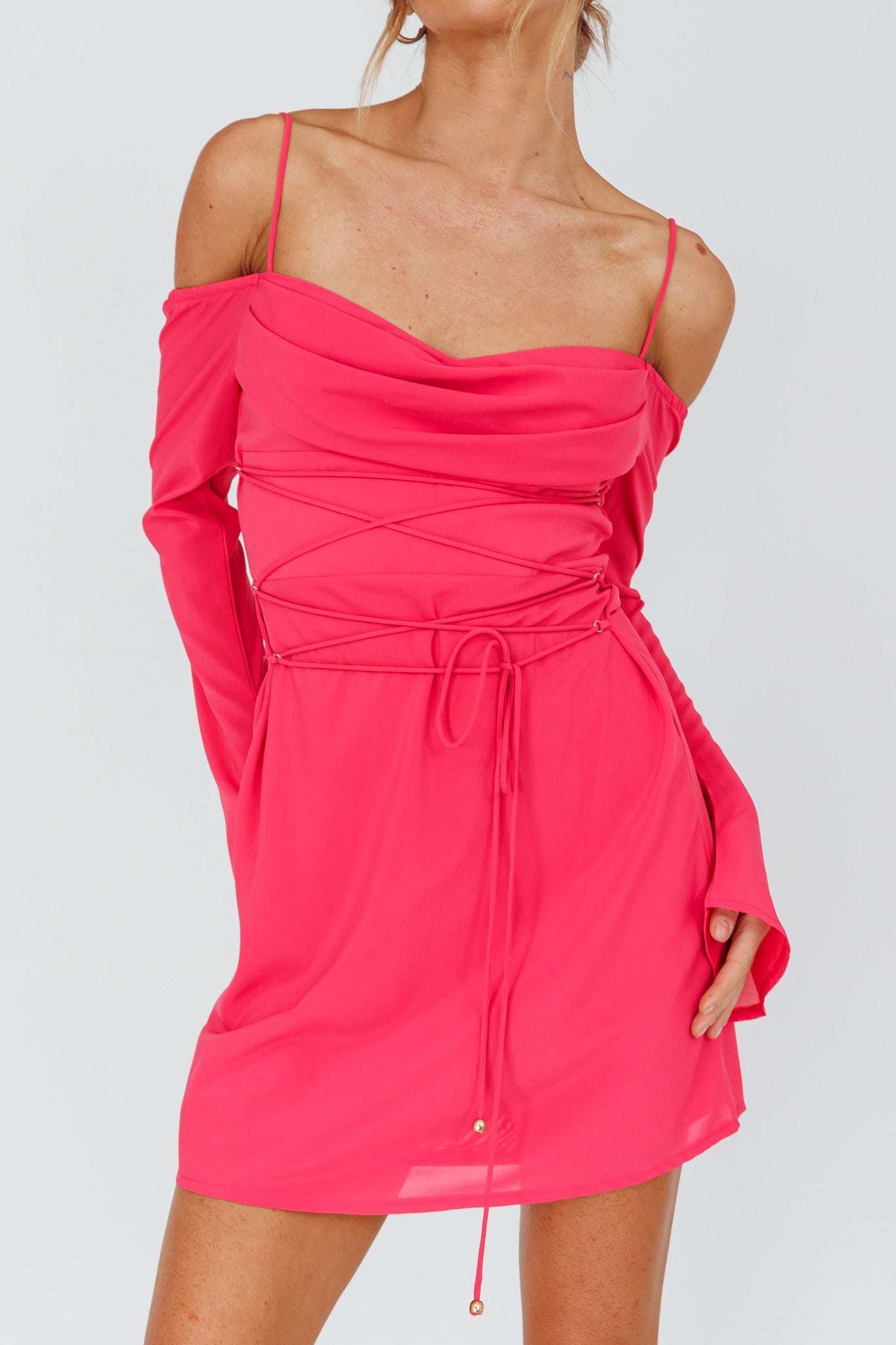 Teava Off-Shoulder Sleeve Laced Mini Dress Hot Pink