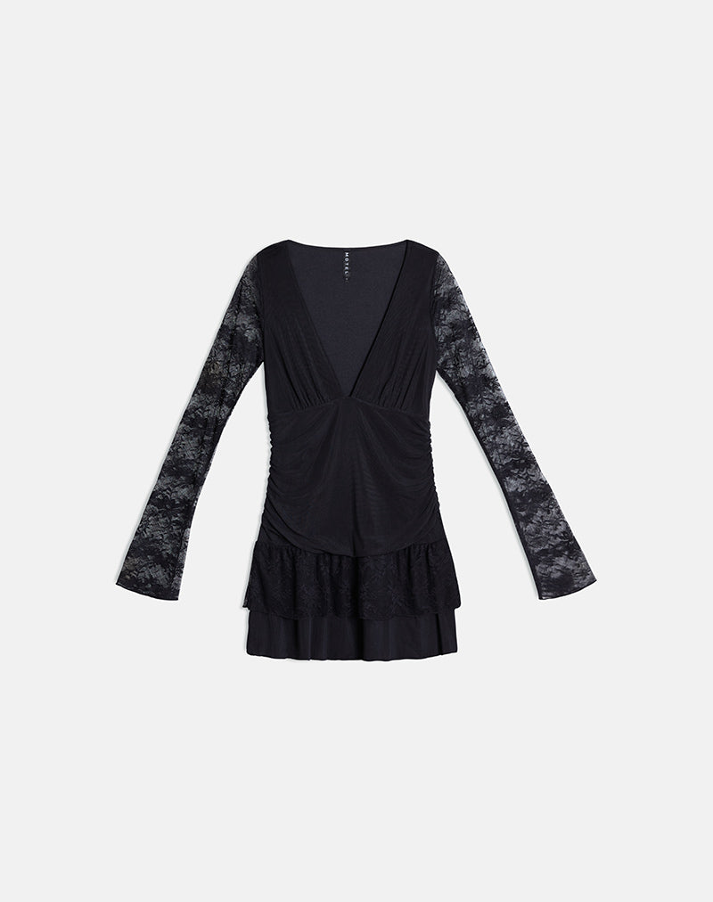 Mishal Long Sleeve Plunge Mini Dress in Lace Black