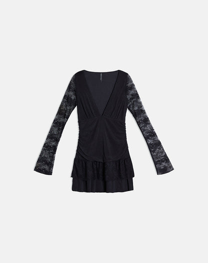 Mishal Long Sleeve Plunge Mini Dress in Lace Black