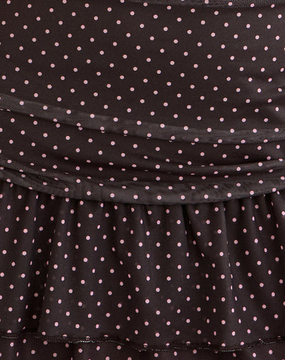 Mowgli Cap Sleeve Mini Dress in Brown with Micro Polka Pink Print