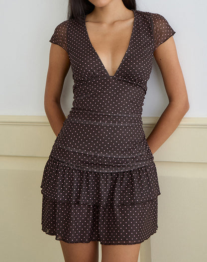 Mowgli Cap Sleeve Mini Dress in Brown with Micro Polka Pink Print