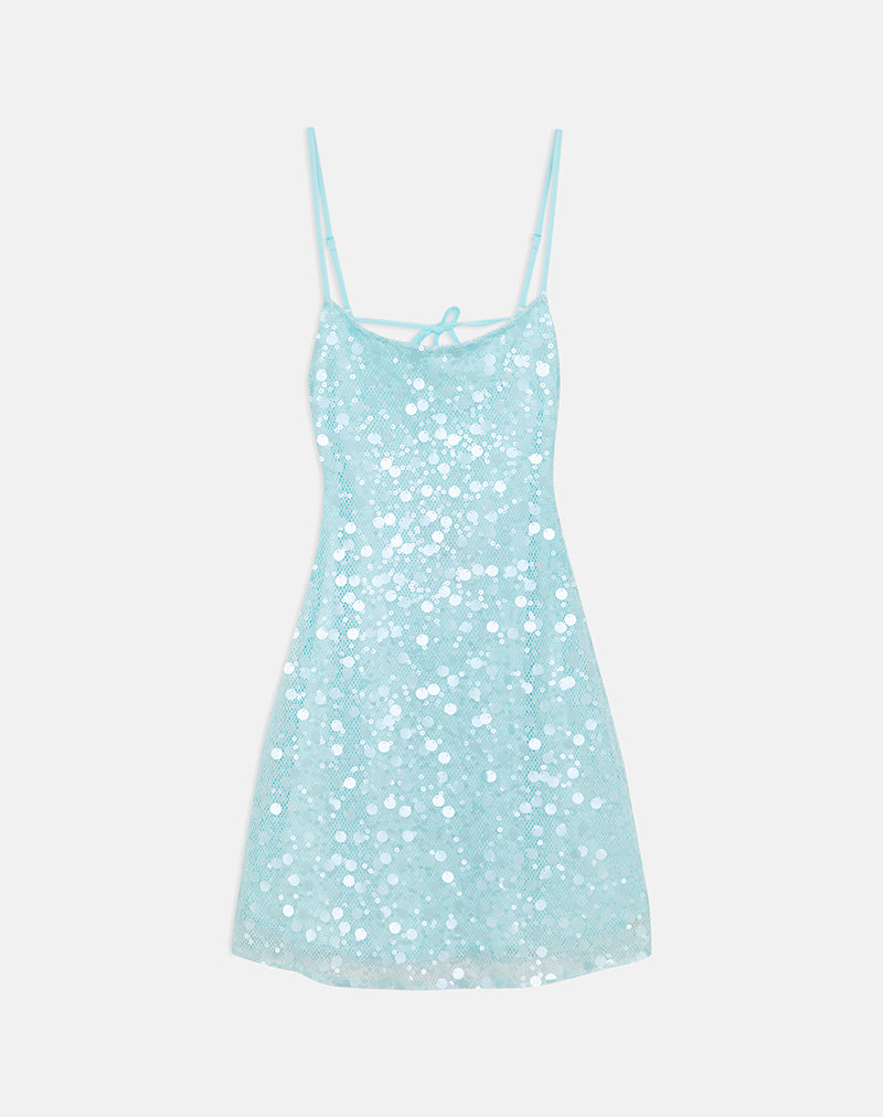 Nataru Mini Dress in Net Sequin Blue