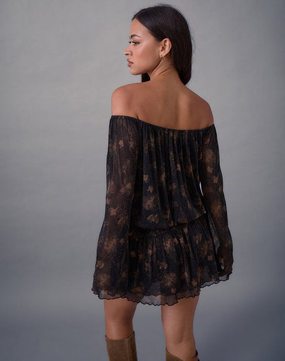 Nisha Long Sleeve Mini Dress in Black with Bronze Shimmer