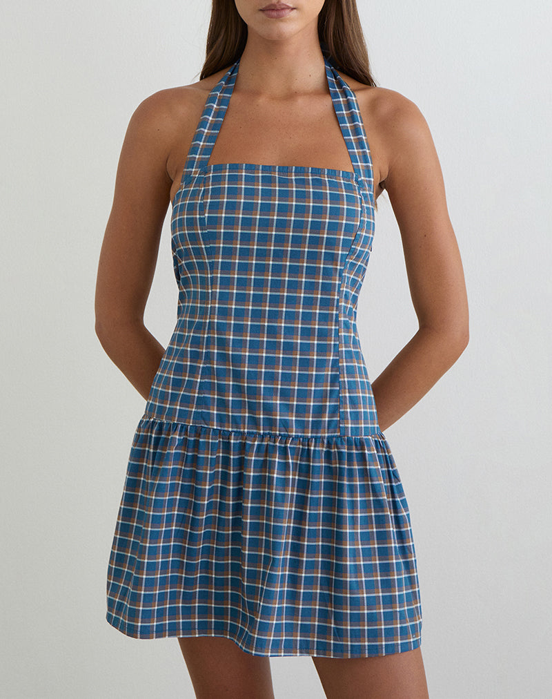 Panja Mini Halter Neck Dress in Medium Tartan Blue