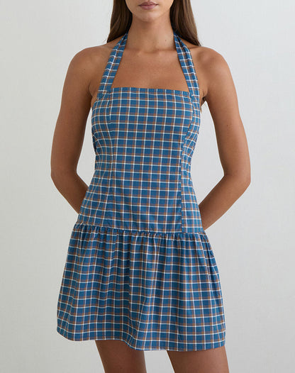 Panja Mini Halter Neck Dress in Medium Tartan Blue