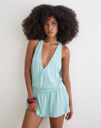 Pippa Plunge Wrap Mini Dress in Jersey Aqua