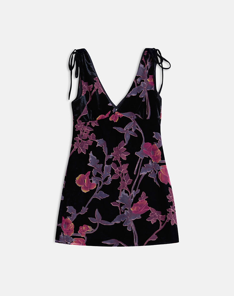 Rosmila Mini Dress in Black with Floral Devore Print