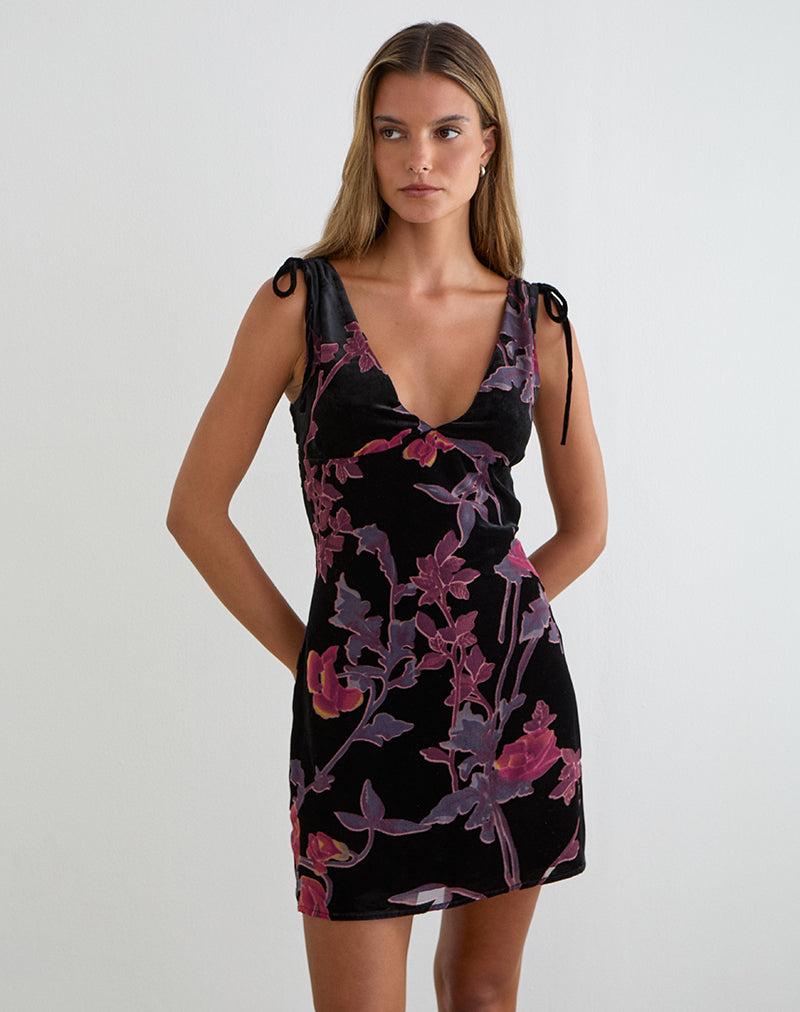 Rosmila Mini Dress in Black with Floral Devore Print
