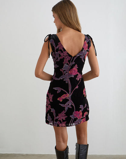 Rosmila Mini Dress in Black with Floral Devore Print
