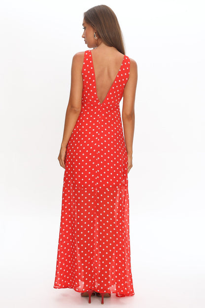 Rosewood V-Neckline Maxi Dress Polka Dot Red