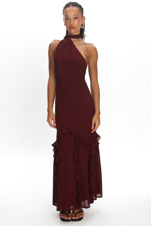 Lorielle One-Shoulder Ruffle Trim Maxi Dress Wine