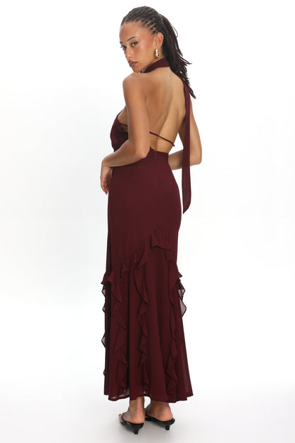 Lorielle One-Shoulder Ruffle Trim Maxi Dress Wine