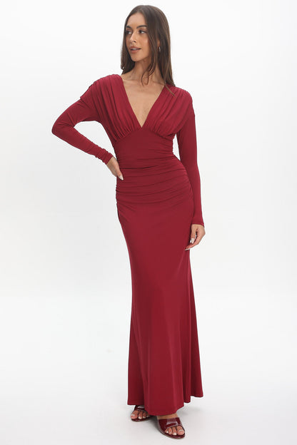 Gilded Long Sleeve Ruched Maxi Dress Wine
