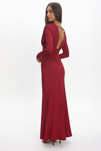 Gilded Long Sleeve Ruched Maxi Dress Wine