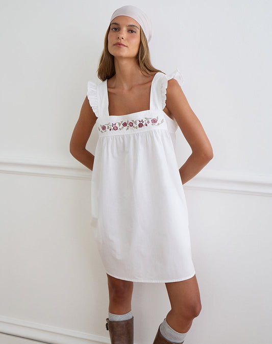 Sanaly Mini Dress in Poplin White with Cherry Blossom Embroidery