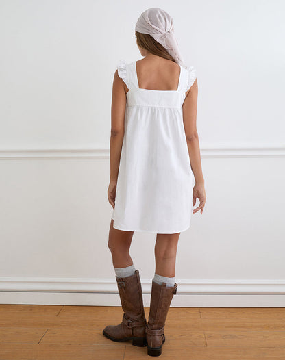 Sanaly Mini Dress in Poplin White with Cherry Blossom Embroidery
