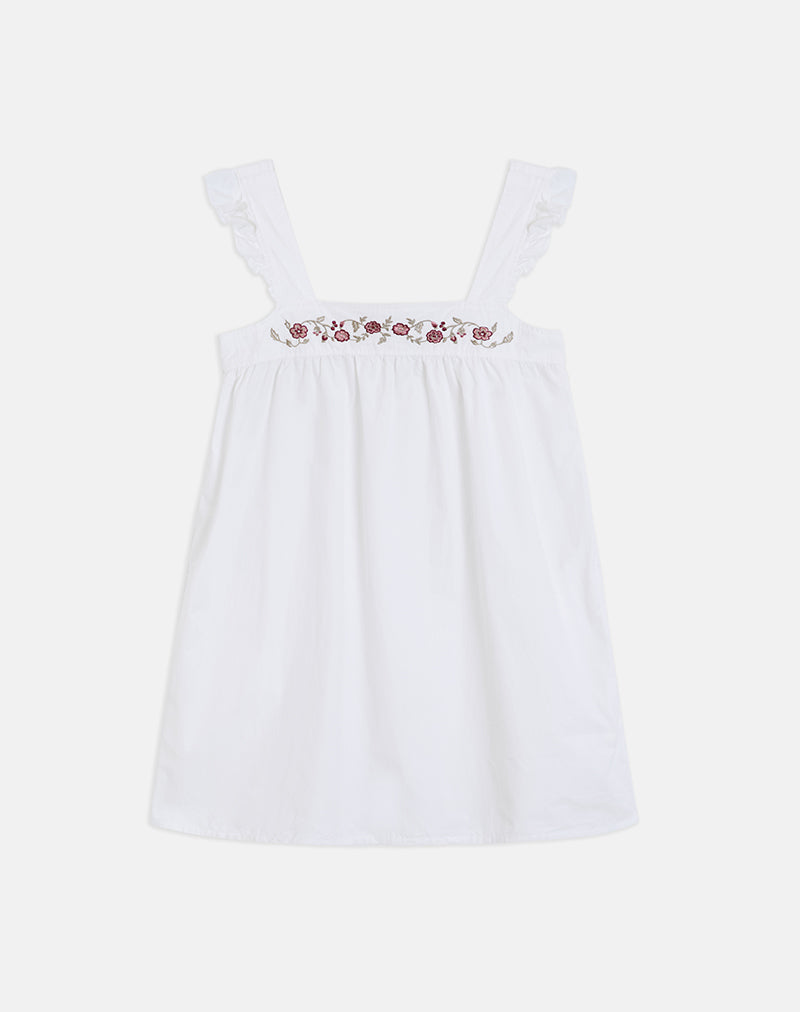 Sanaly Mini Dress in Poplin White with Cherry Blossom Embroidery