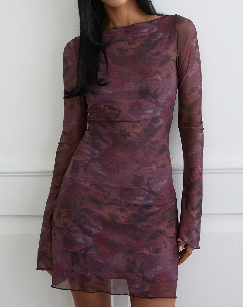 Sevila Long Sleeve Mini Dress in Mesh Blurry Floral Burgundy