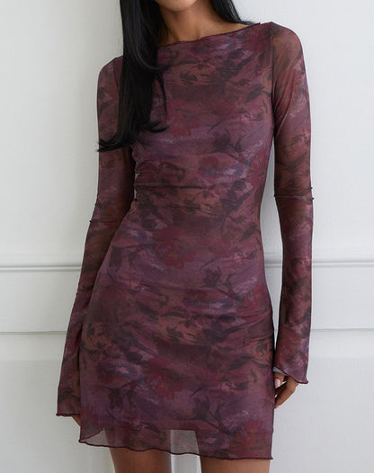Sevila Long Sleeve Mini Dress in Mesh Blurry Floral Burgundy