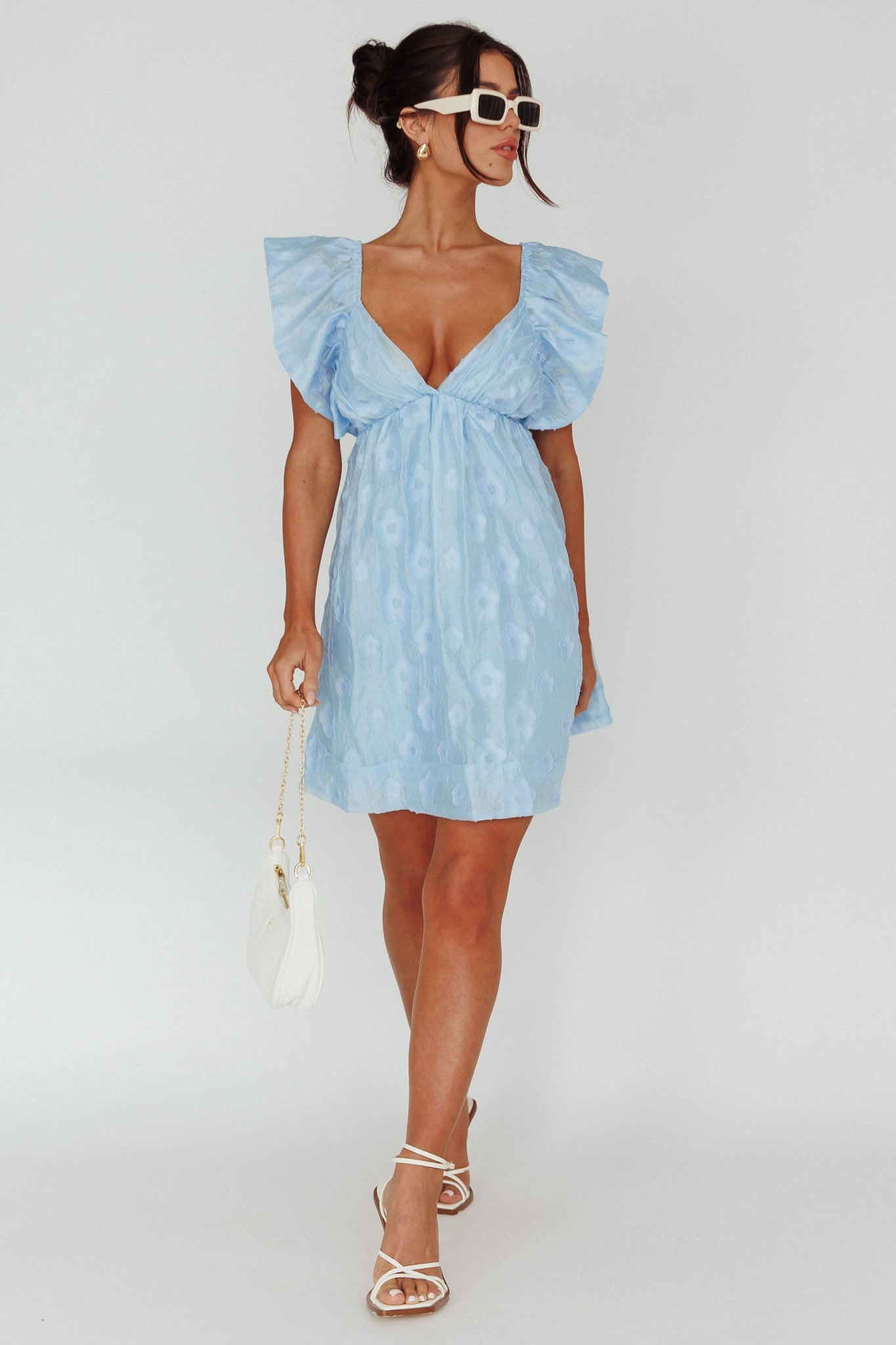 Melrose Place Floral Textured Frill Dress Powder Blue