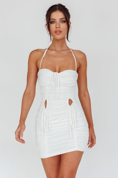 Harli Ruched Drawstring Keyhole Mini Dress White